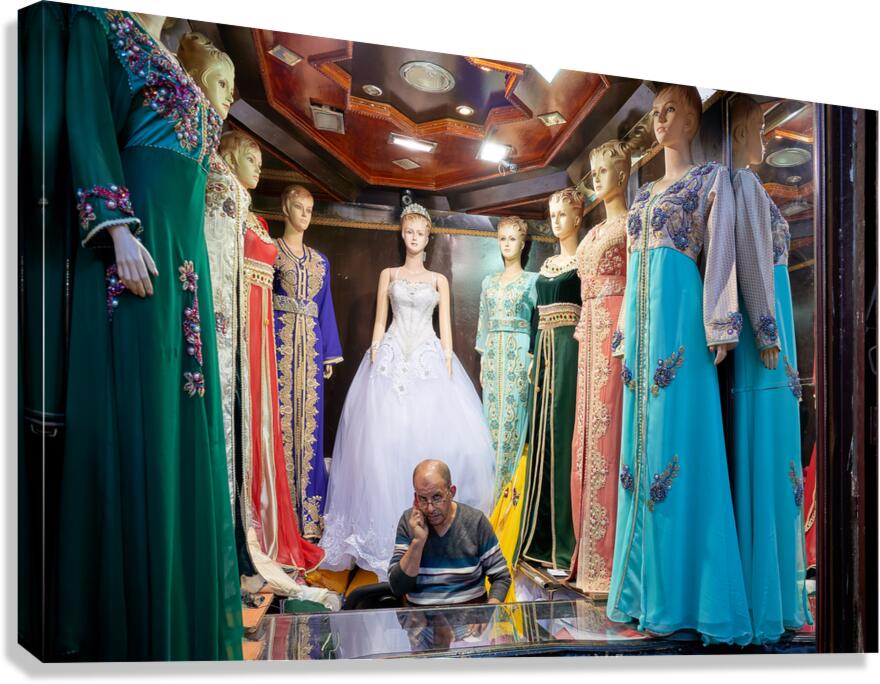 Wedding dress sale in Fez Medina with displays of traditional st
