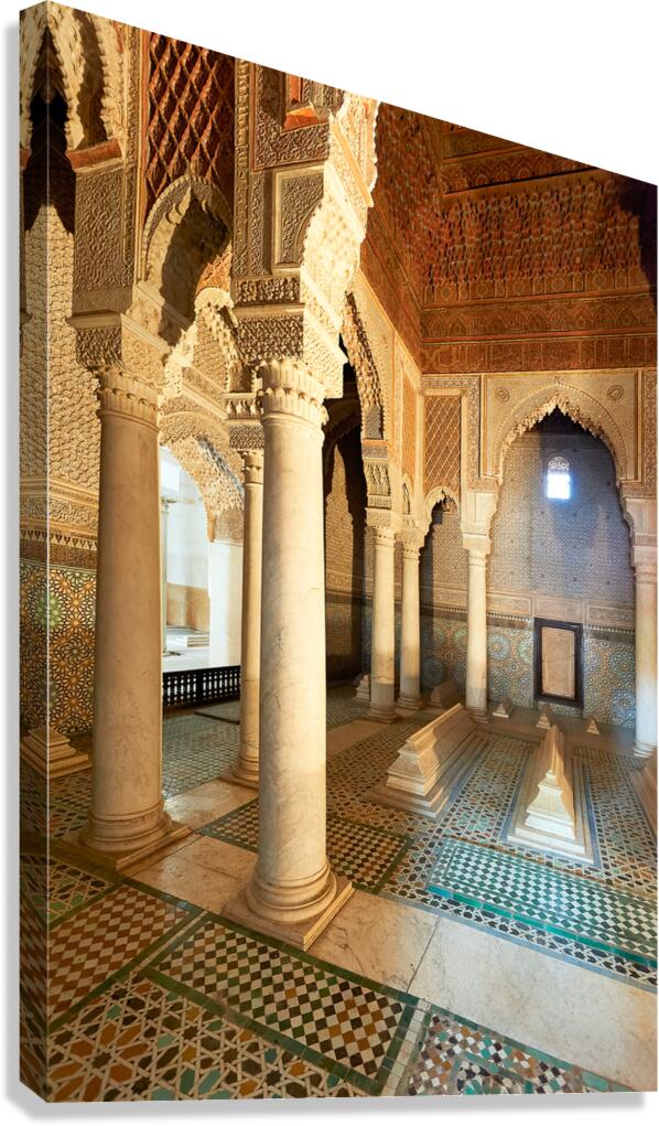 Saadian tombs interior in Marrakesh Morocco with historic archit