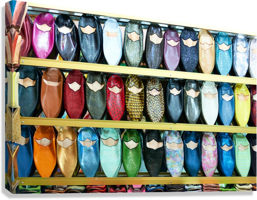 Traditional moroccan slippers displayed in marrakesh shop