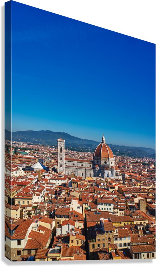 View of Florence with blue sky and domed buildings in Tuscany