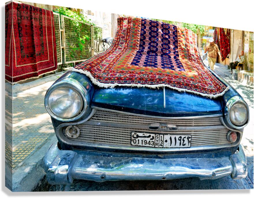 Car covered with carpets on a street in Damascus Syria