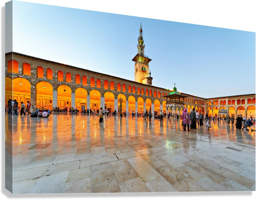 Visitors gather at Umayyad Mosque in Damascus during evening hou