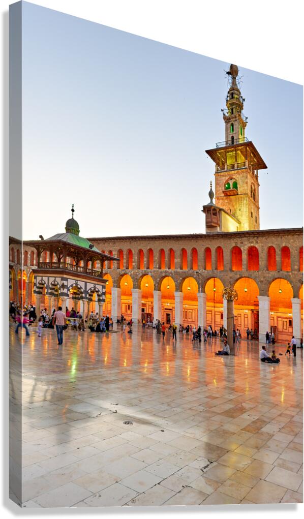Visitors gather at Umayyad Mosque in Damascus during evening hou