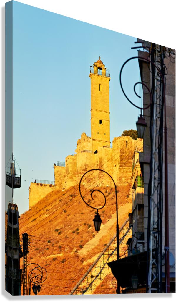 View of Aleppo Citadel from downtown at sunset