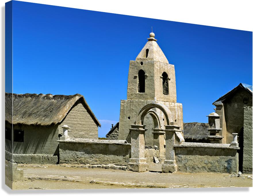 Historic adobe church bell tower in Sajama village Bolivia
