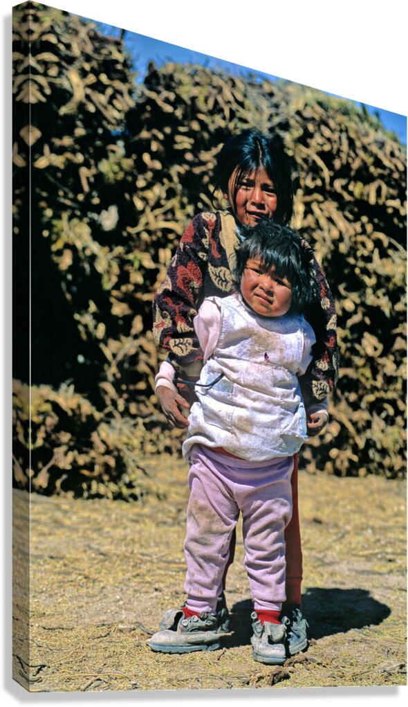 Two indigenous children one holding another outdoors.