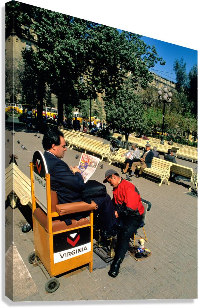 Man gets shoeshine in park while reading newspaper.