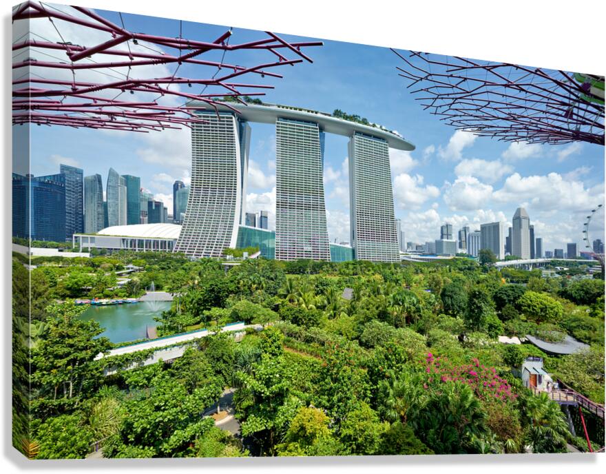 People walk on bridge at Supertree Grove near modern buildings