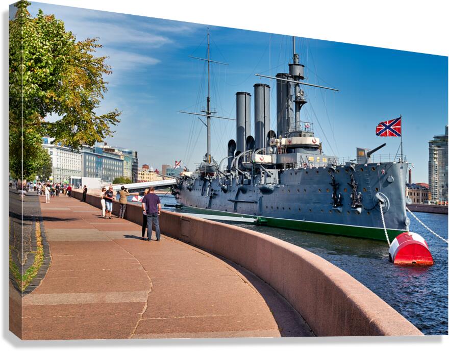 Cruiser Aurora docked on the Neva River in St. Petersburg