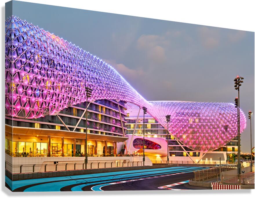 Illuminated W Abu Dhabi hotel on Yas Island at night