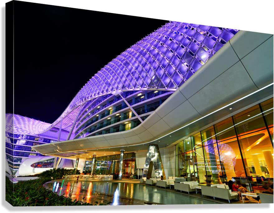 Yas Island hotel features modern architecture and night lights