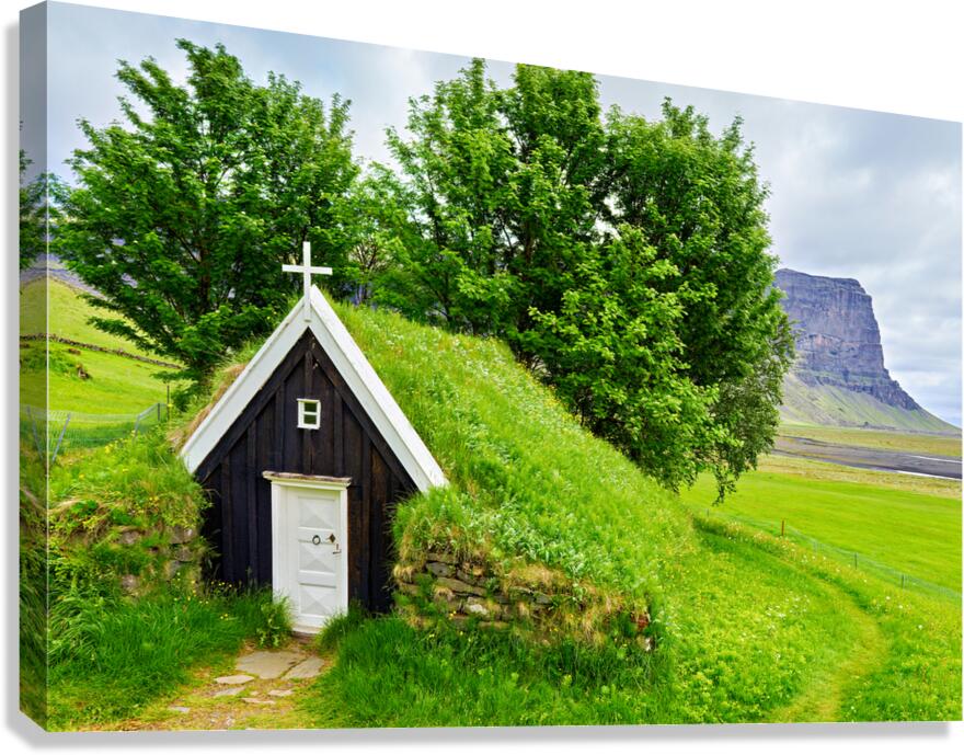 Nupsstadur turf church in Iceland on a cloudy day