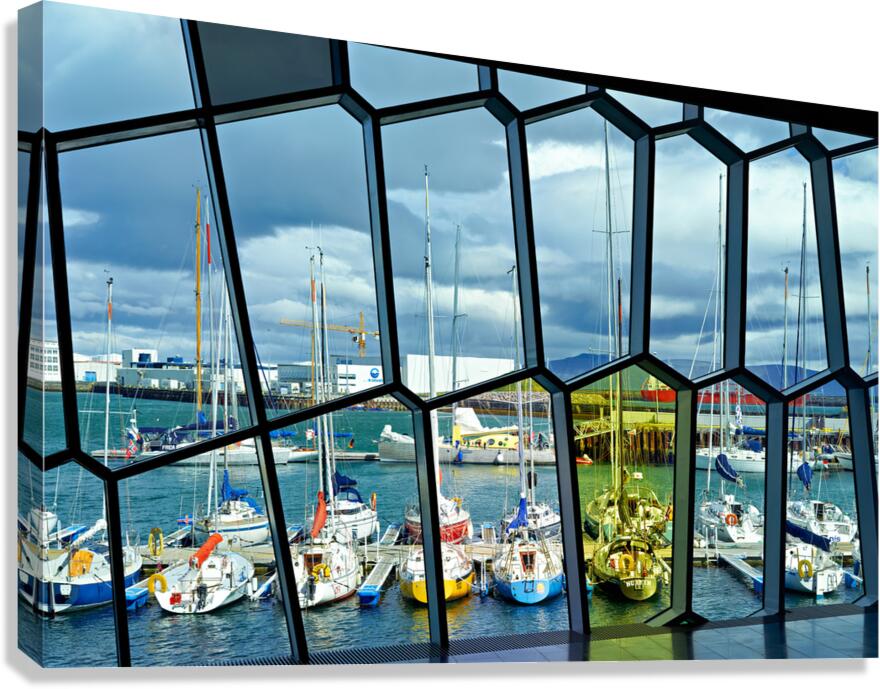 View of harbor from Harpa Opera House in Reykjavik Iceland