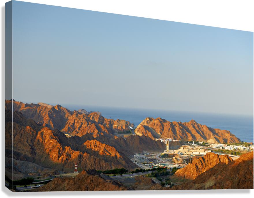 Aerial view of Muscat Oman showing mountains and sea