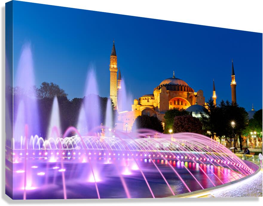 Hagia Sophia and fountain show at night in Istanbul Turkey