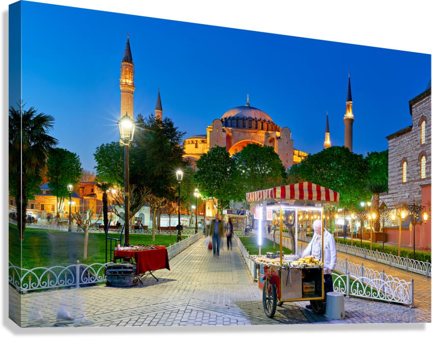 Hagia Sophia Grand Mosque at night with local vendor