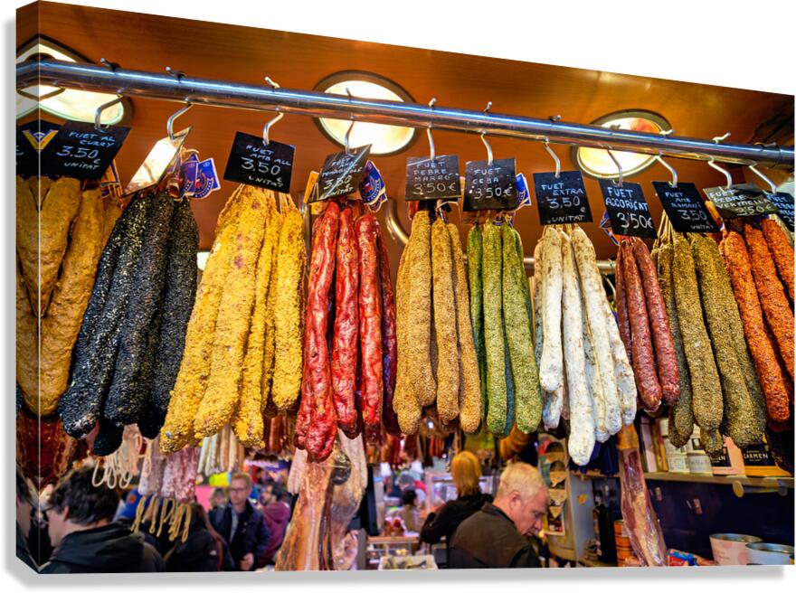 Colored sausages for sale at La Boqueria market