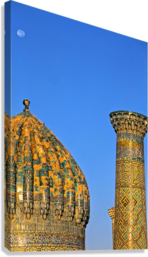 Madrasa in Samarkand shows dome and column under the moon