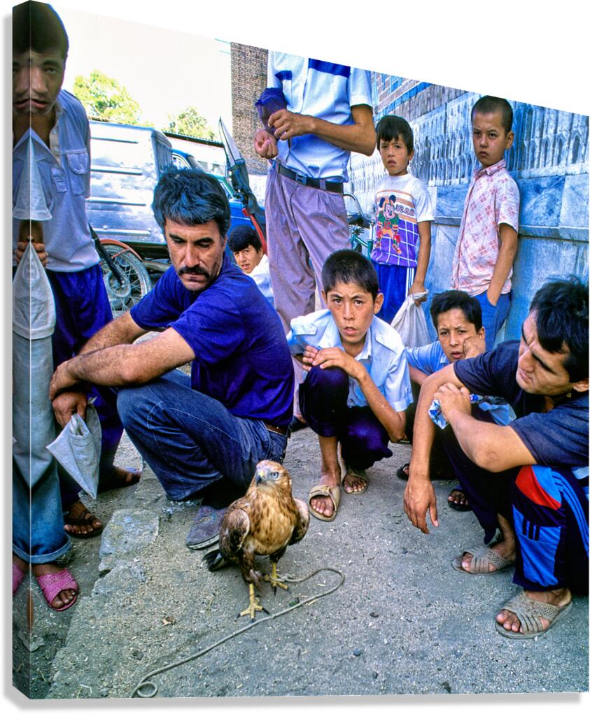 Street vendors and kids gather around a hawker in Uzbekistan