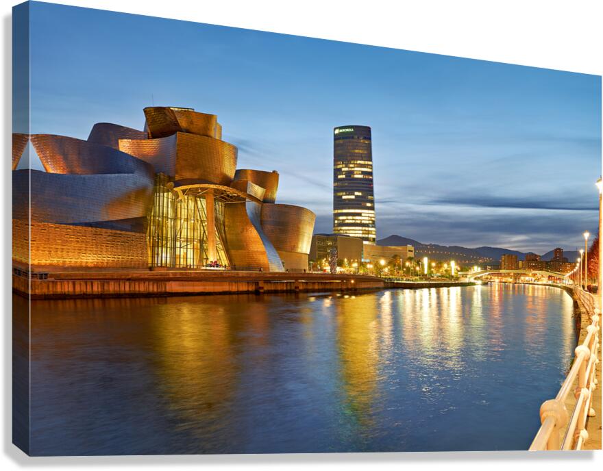 Guggenheim Museum view at night in Bilbao Spain by the river