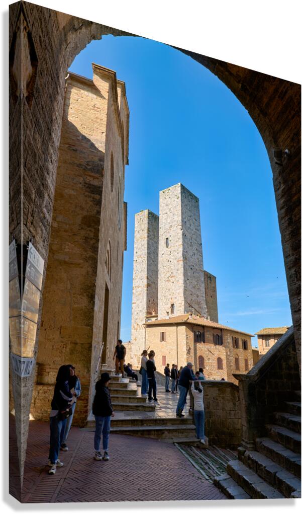 Visitors enjoy Piazza del Duomo in San Gimignano Italy