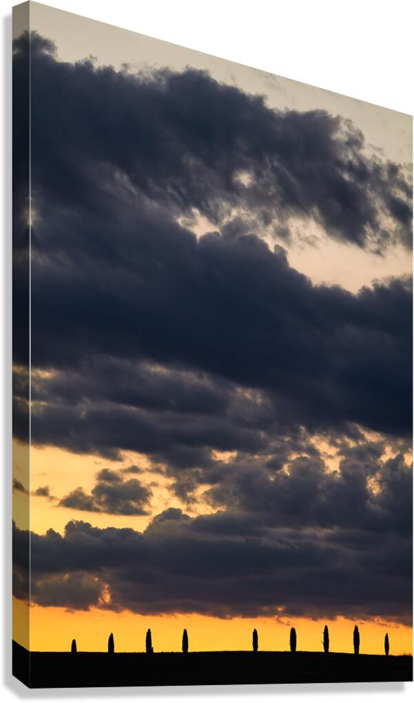 Sunset in Val dOrcia with cypresses in Tuscany Italy