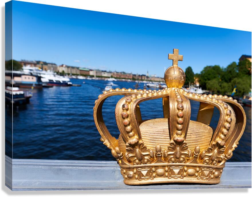 Skeppsholmsbron with golden crown in Stockholm on a clear day