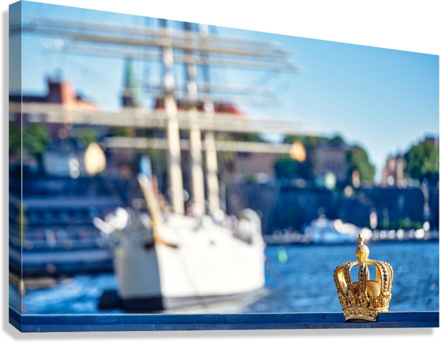 Skeppsholmsbron and its golden crown in Stockholm Sweden