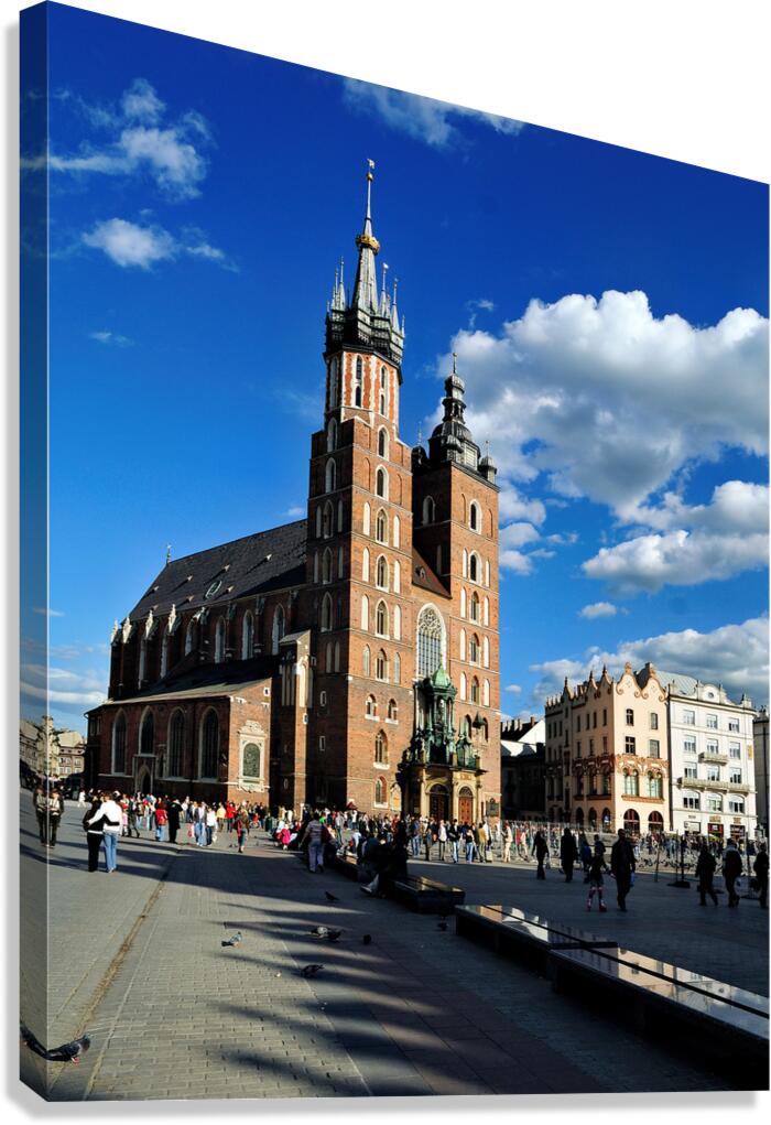 Krakows historic church and lively square in clear weather