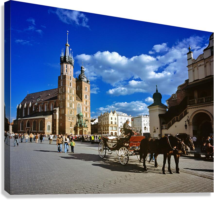 Krakow main square with horse carriage on a sunny day