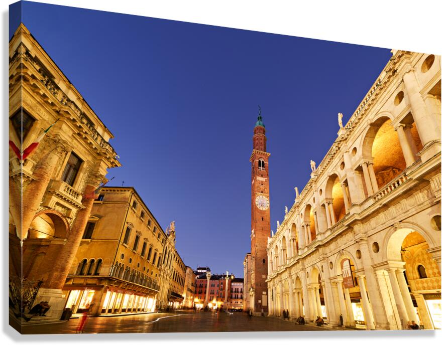 Palladian Basilica and clock tower in Vicenza at night