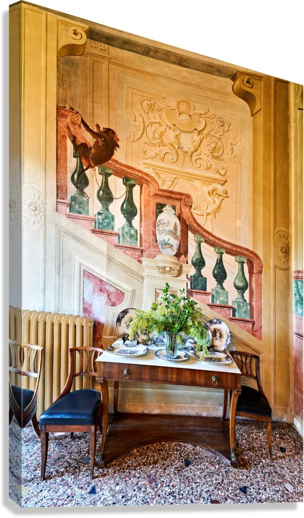 Fresco of stairs with table and flowers at Villa Valmarana