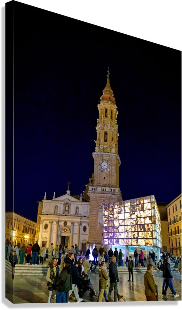 Crowd gathers at Cathedral of the Savior in Zaragoza Spain