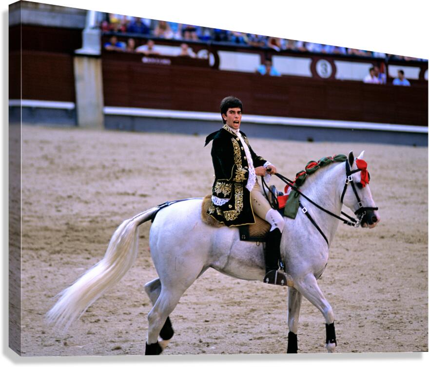 Bullfight event in Madrid Spain features a rider on horseback