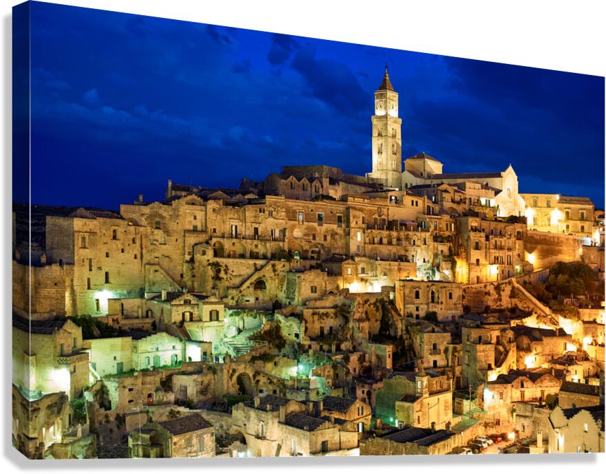 Matera cityscape at night with illuminated buildings