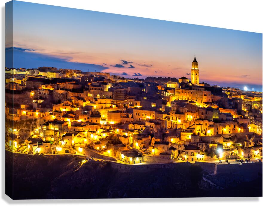 Matera cityscape at sunset shows sassi di Matera glow