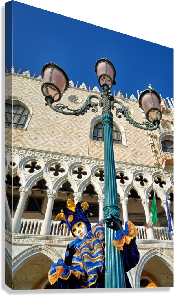 Venice Carnival features colorful mask and lamp post