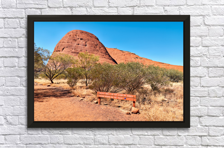 Sacred area sign in front of Kata Tjuta domes Australia. Deco Frame