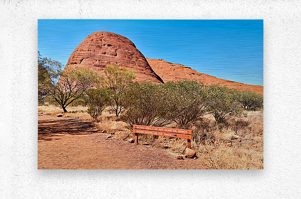 Sacred area sign in front of Kata Tjuta domes Australia. Brushed Metal Print 1
