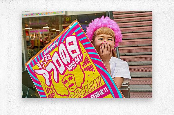 Lolita girl holds sign in Shibuya District of Tokyo during Afro   Metal print