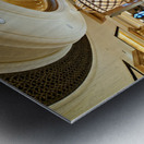 Opulent hotel lobby with grand staircase and golden chandeliers. Metal print