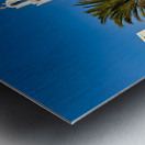 Beautiful white church blue dome palm tree clear sky. Metal print