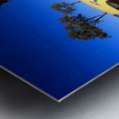 A painted yellow Beetle outside a rural stone gallery. Metal print