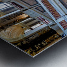 Ornate museum hall with statues grand staircase and visitor. Metal print