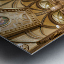 Ornate grand staircase with green carpet and classical statues. Metal print