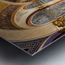 Historic church corridor with ornate arches and checkered floor. Metal print