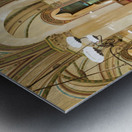 Ornate cafe interior bustling with people and a grand piano. Metal print