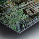 Ancient temple ruins consumed by giant tree roots and jungle. Metal print