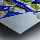 Fresh oysters with garnishes in blue trays. Metal print