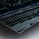 Man walks on bridge with cars below Metal print